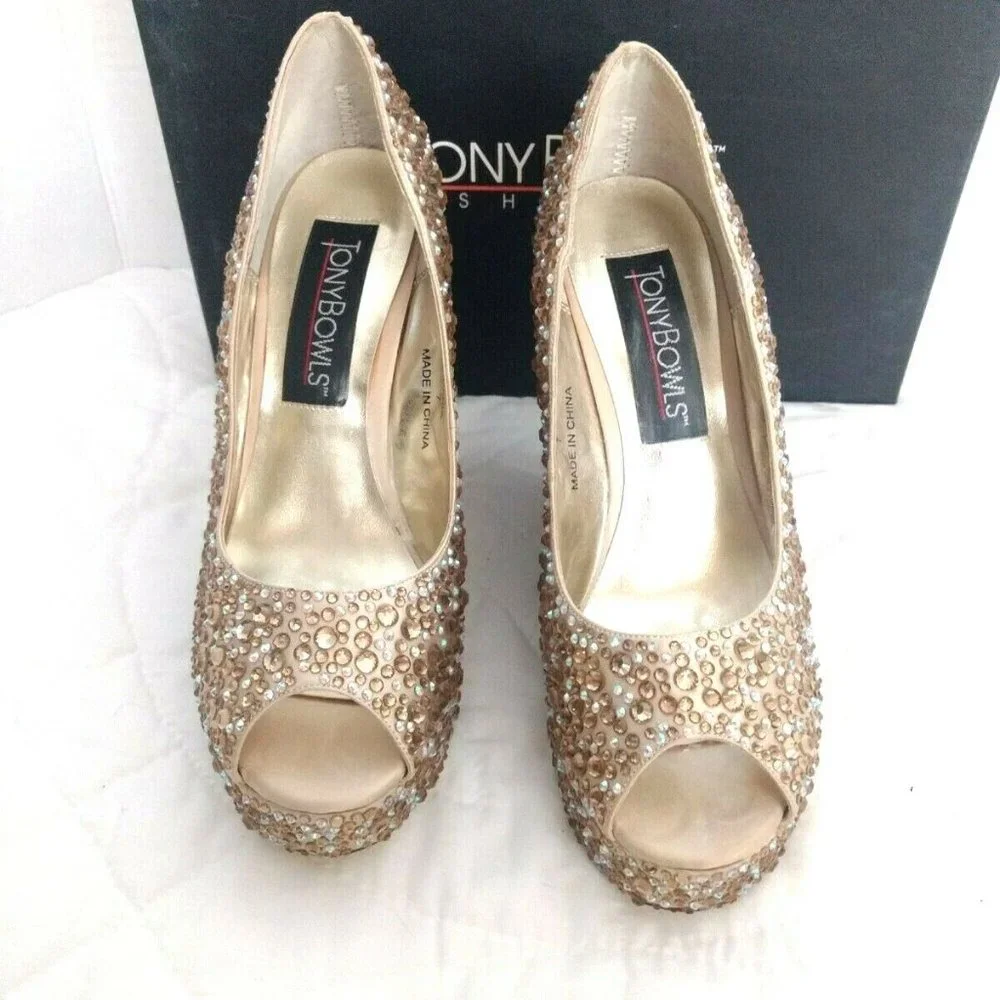 Tony Bowls Prom Formal Pageant Bridal Wedding Shoes Heels Size 7 Gold Bling - Picture 7 of 10
